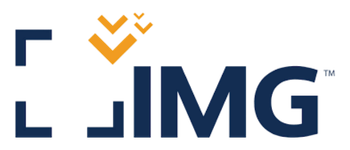 Company logo with blue brackets framing the word IMG and orange chevron shapes above the letters