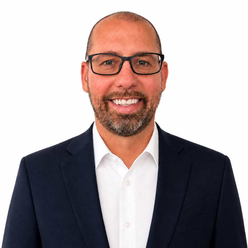 Portrait of a smiling man in a navy suit and white shirt wearing glasses against a white background